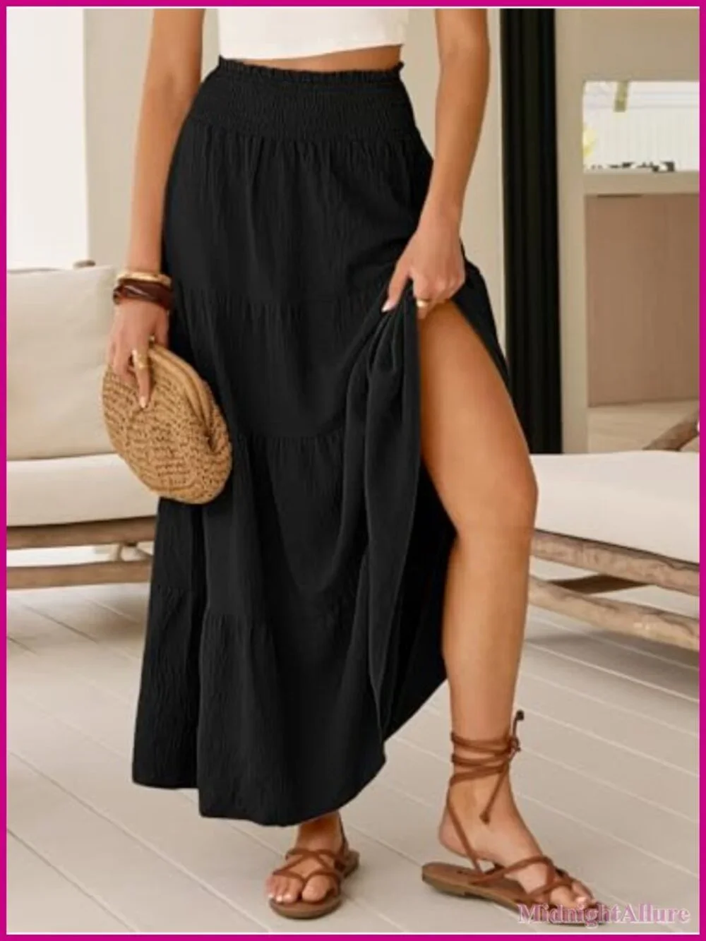 Elastic High Waist A-Line Maxi Skirt with Pockets, Flowy Boho Tiered Skirt